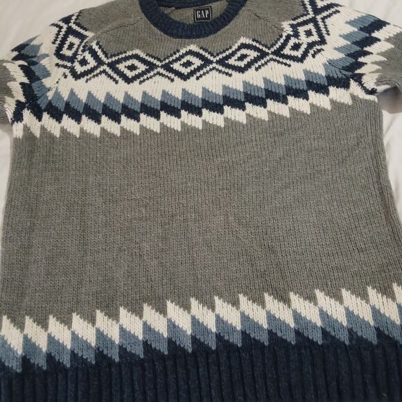 GAP Men's XL Fairisle Crew Heather Grey Acrylic/Wool Grey/Blue/White Sweater - Picture 4 of 10